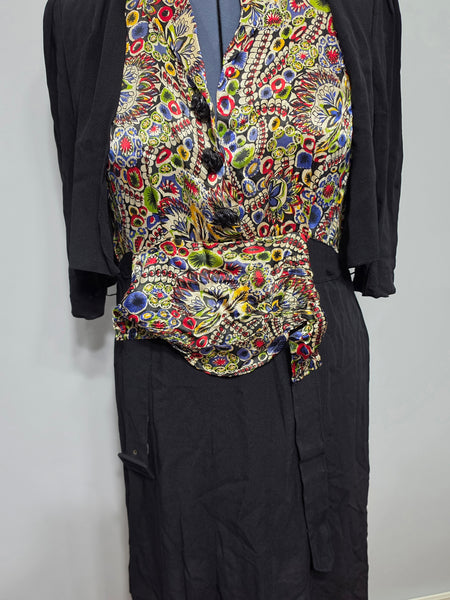 Black Rayon Dress with Colorful Print Wrap Around Top <br> (B-42" W-35" H-41")