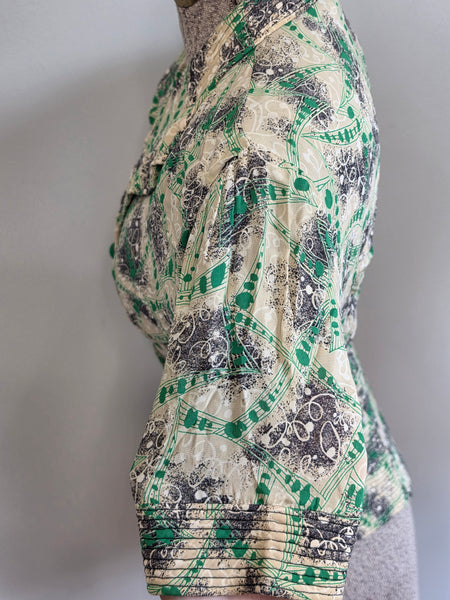 Green Print Peplum Blouse <br> (B-36" W-26")