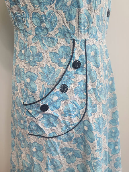 Blue Flower Print Dress Asymmetrical Button Design <br> (B-41" W-36" H-43")