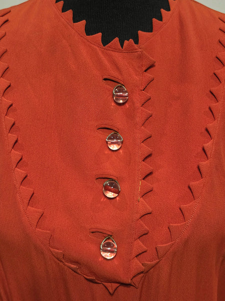 Orange Rayon Dress with Scalloped Edges <br> (B-40" W-30.5" H-38")