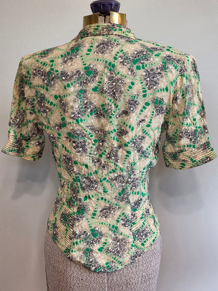 Green Print Peplum Blouse <br> (B-36" W-26")