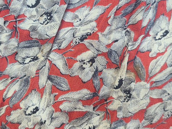 German Red White Black Flower Print Rayon Dress <br> (B-38" W-28" H-35")