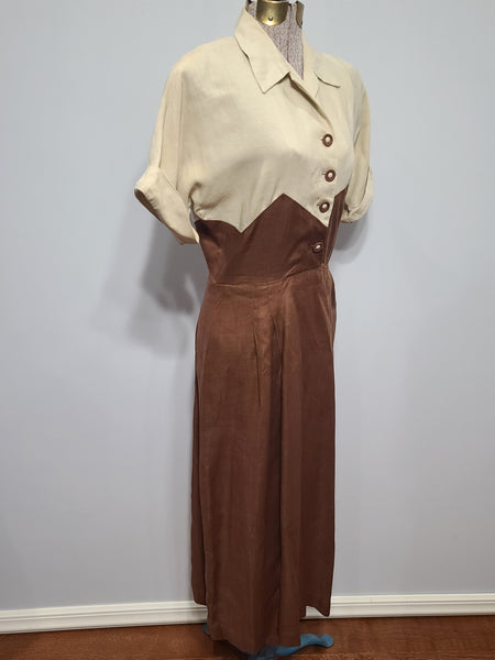 Brown and Tan Colorblock Linen Dress <br> (B-36" W-26.5" H-37")