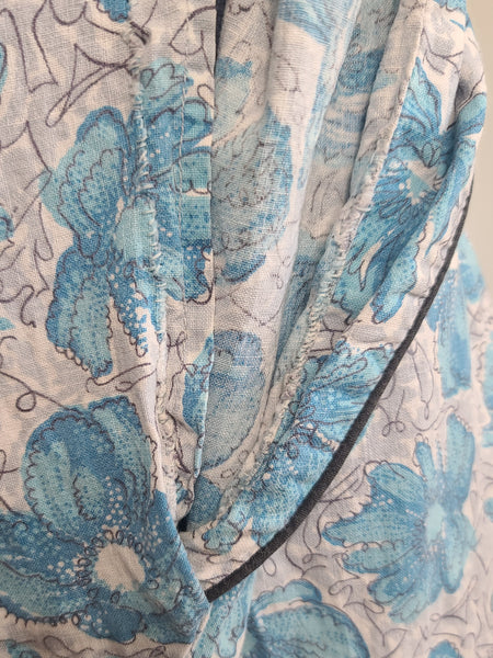 Blue Flower Print Dress Asymmetrical Button Design <br> (B-41" W-36" H-43")