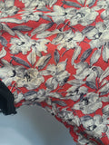 German Red White Black Flower Print Rayon Dress <br> (B-38" W-28" H-35")