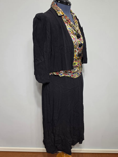 Black Rayon Dress with Colorful Print Wrap Around Top <br> (B-42" W-35" H-41")