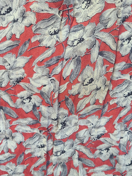 German Red White Black Flower Print Rayon Dress <br> (B-38" W-28" H-35")