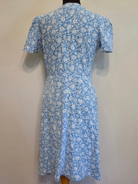 Blue White Print Dress with Red Accents <br> (B-38" W-32" H-41")