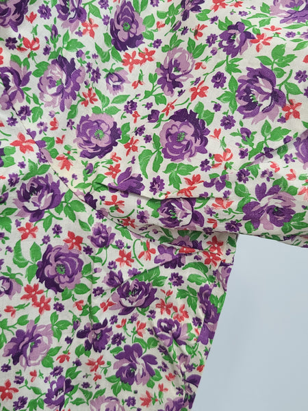 Purple Flower Print Zipper Front House Dress <br> (B-50" W-44" H-52")