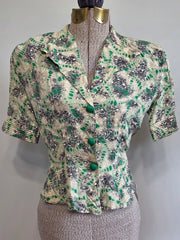 Green Print Peplum Blouse <br> (B-36" W-26")