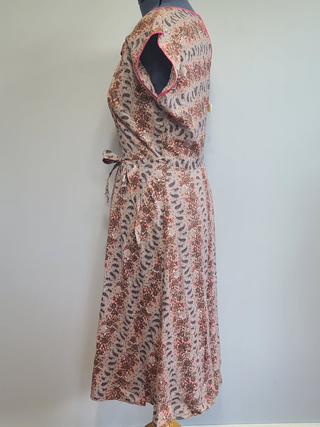 Pink and Brown Paisley Flower Print Wrap Dress <br> (B-44" W-35" H-46")
