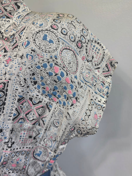 White Blue Pink Abstract Print Dress <br> (B-34" W-25.5" H-42")