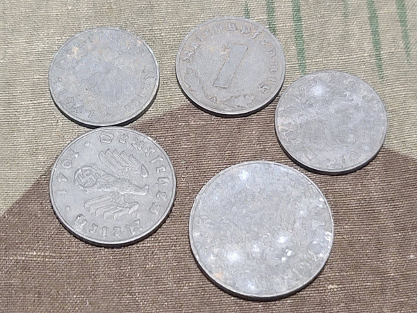 Lot of Five Wartime Reichspfennig Coins (1, 5, and 10 Rpf)