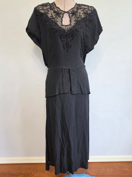Black Rayon Gown Beading and Peplum <br> (B-36" W-28" H-34")