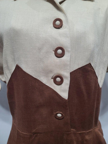 Brown and Tan Colorblock Linen Dress <br> (B-36" W-26.5" H-37")