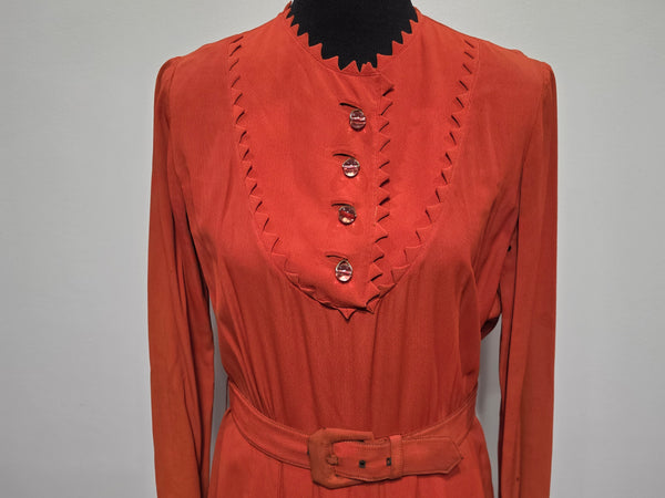 Orange Rayon Dress with Scalloped Edges <br> (B-40" W-30.5" H-38")