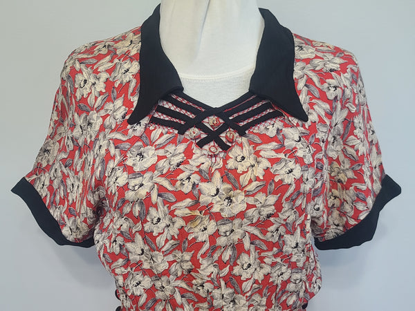 German Red White Black Flower Print Rayon Dress <br> (B-38" W-28" H-35")