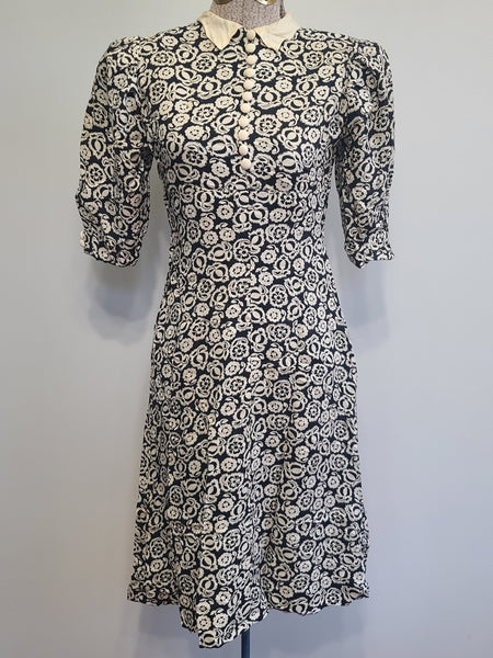 German Black and White Flower Print Dress <br> (B-34" W-26" H-32")