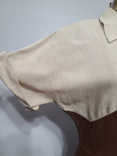Brown and Tan Colorblock Linen Dress <br> (B-36" W-26.5" H-37")