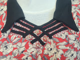 German Red White Black Flower Print Rayon Dress <br> (B-38" W-28" H-35")
