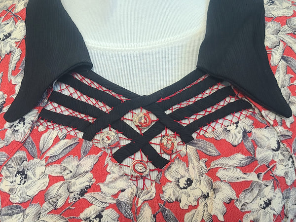 German Red White Black Flower Print Rayon Dress <br> (B-38" W-28" H-35")