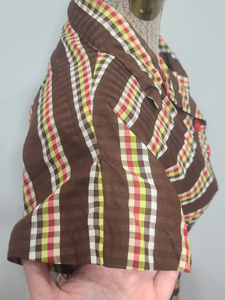 Brown Plaid Stripe Peplum Dress <br> (B-34" W-24" H-34")