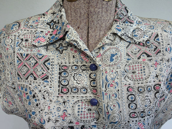 White Blue Pink Abstract Print Dress <br> (B-34" W-25.5" H-42")