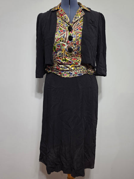 Black Rayon Dress with Colorful Print Wrap Around Top <br> (B-42" W-35" H-41")