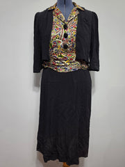 Black Rayon Dress with Colorful Print Wrap Around Top <br> (B-42" W-35" H-41")