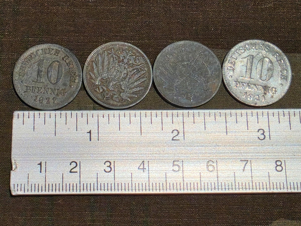 Lot of 4 Weimar 10 Pfennig Coins (1920s)
