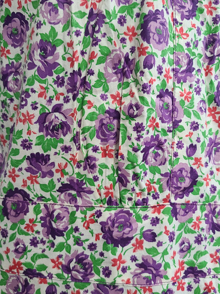 Purple Flower Print Zipper Front House Dress <br> (B-50" W-44" H-52")