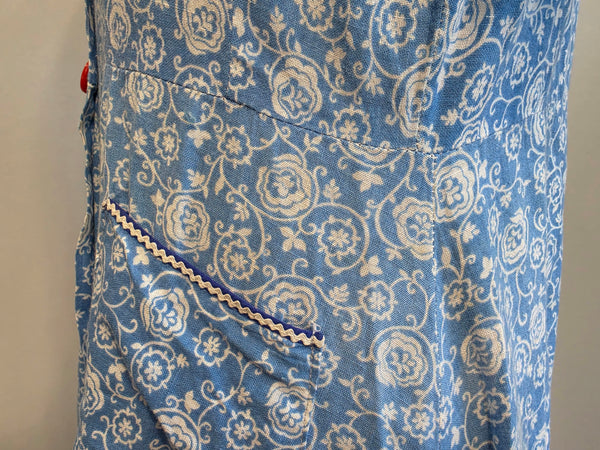 Blue White Print Dress with Red Accents <br> (B-38" W-32" H-41")