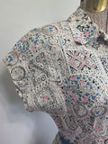 White Blue Pink Abstract Print Dress <br> (B-34" W-25.5" H-42")