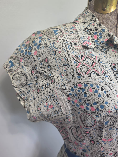 White Blue Pink Abstract Print Dress <br> (B-34" W-25.5" H-42")