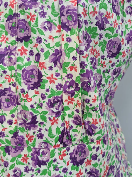 Purple Flower Print Zipper Front House Dress <br> (B-50" W-44" H-52")