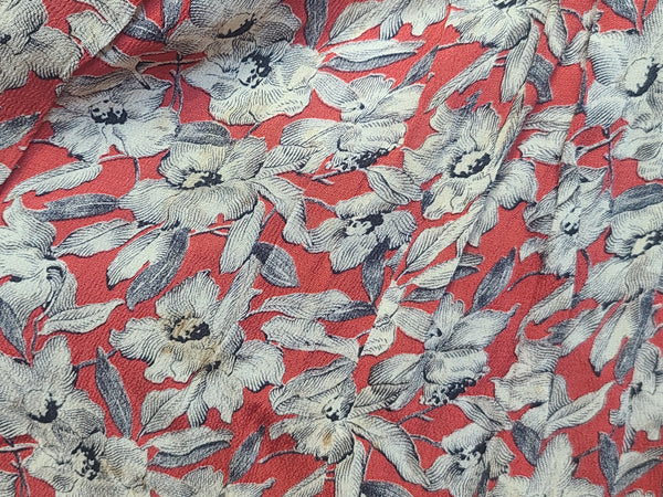 German Red White Black Flower Print Rayon Dress <br> (B-38" W-28" H-35")