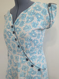 Blue Flower Print Dress Asymmetrical Button Design <br> (B-41" W-36" H-43")
