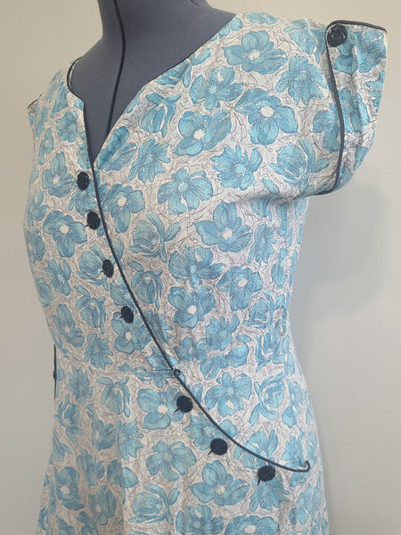 Blue Flower Print Dress Asymmetrical Button Design <br> (B-41" W-36" H-43")