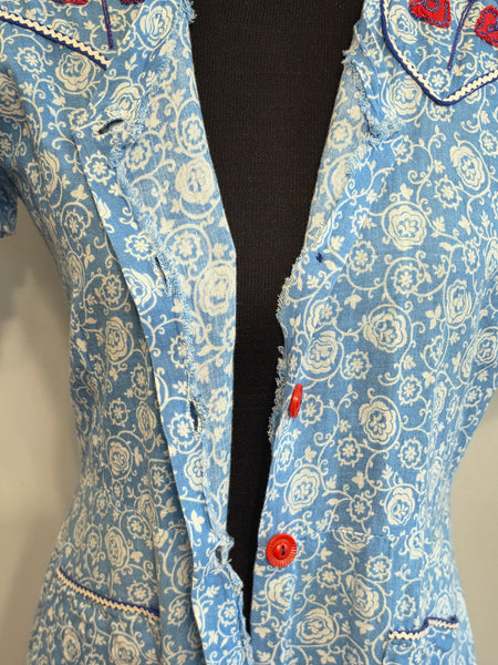 Blue White Print Dress with Red Accents <br> (B-38" W-32" H-41")