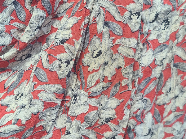 German Red White Black Flower Print Rayon Dress <br> (B-38" W-28" H-35")