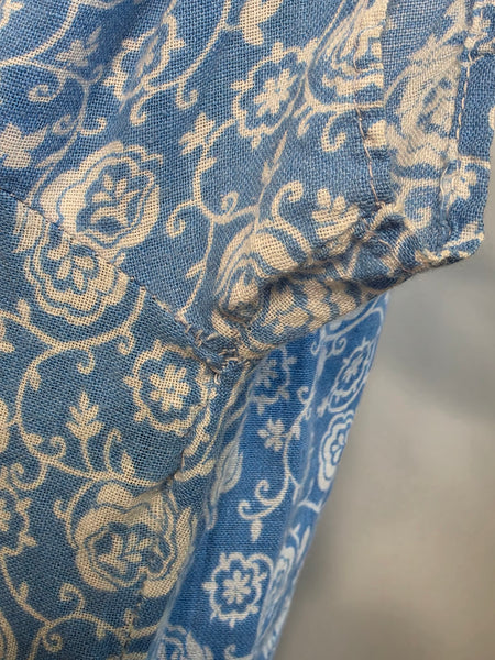 Blue White Print Dress with Red Accents <br> (B-38" W-32" H-41")