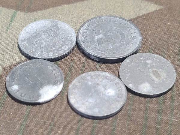 Lot of Five Wartime Reichspfennig Coins (1, 5, and 10 Rpf)