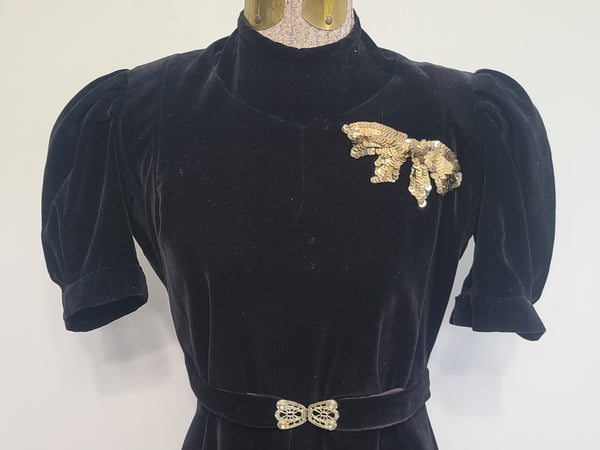 German Black Velvet Dress with Sequin Bow <br> (B-36" W-27" H-35")