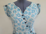 Blue Flower Print Dress Asymmetrical Button Design <br> (B-41" W-36" H-43")
