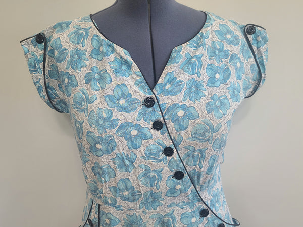 Blue Flower Print Dress Asymmetrical Button Design <br> (B-41" W-36" H-43")