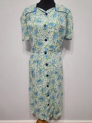 Blue and Green Flower Print Button Down Dress <br> (B-44.5" W-37" H-45")