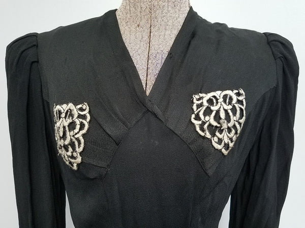 German Black Dress with White Appliqué <br> (B-36" W-31" H-36")