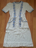 German White Dress with Blue Needlework & Peplum Pockets <br> B-34" W-26" H-37"