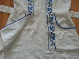 German White Dress with Blue Needlework & Peplum Pockets <br> B-34" W-26" H-37"