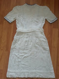 German White Dress with Blue Needlework & Peplum Pockets <br> B-34" W-26" H-37"